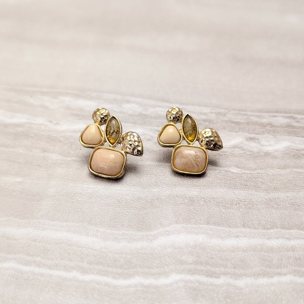 Vintage Stud Earrings Gold Tone, Dusky Yellow, Light Retro Pink